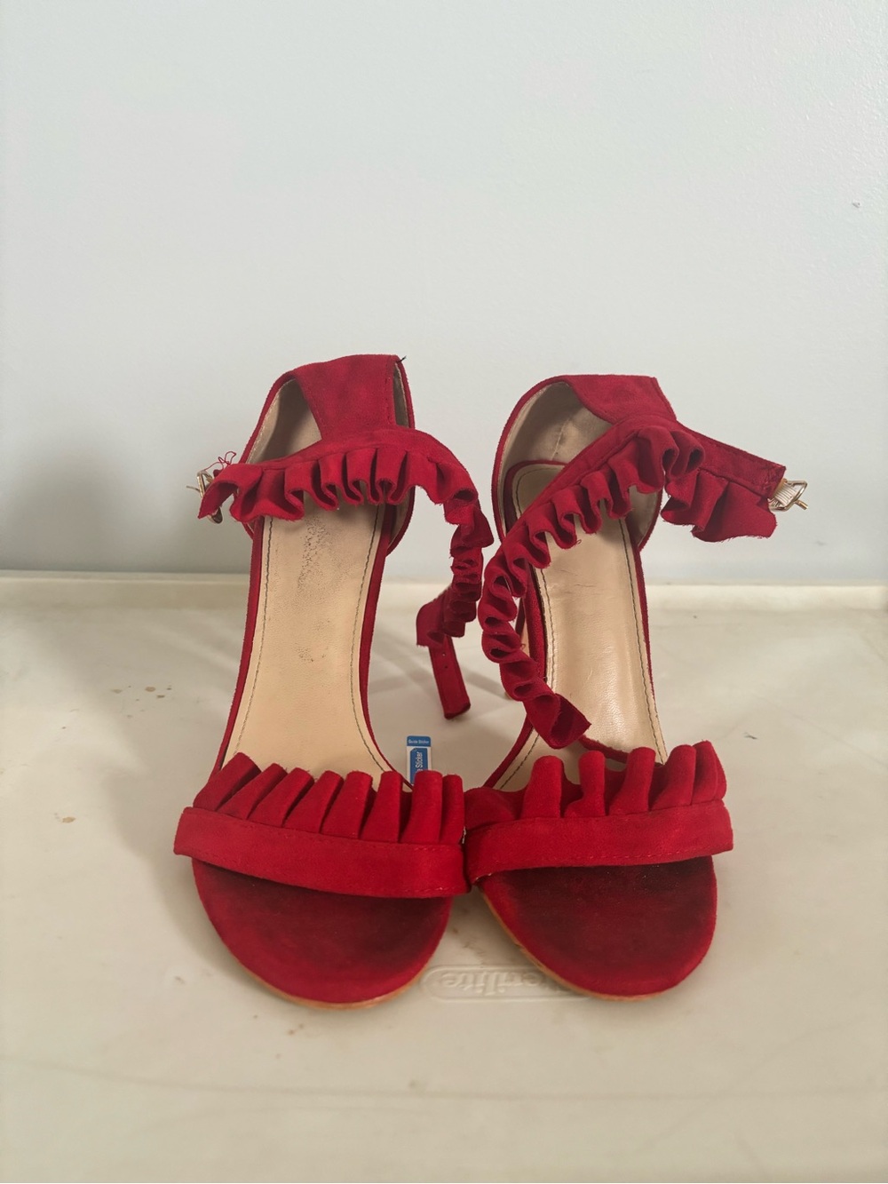 Red Ruffled Ankle-Strap Women's Heels